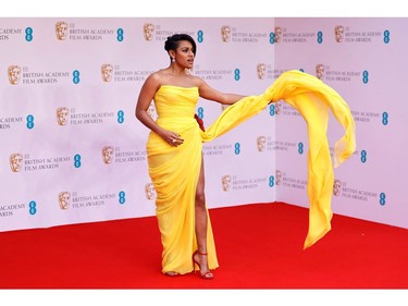 U.S. actress, singer and dancer Ariana DeBose poses on the red carpet upon arrival at the BAFTA British Academy Film Awards at the Royal Albert Hall, in London, on March 13, 2022.