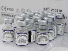 Vials containing the Pfizer/BioNtech vaccine against the coronavirus disease (COVID-19) are displayed before being used at a mobile vaccine clinic, in Valparaiso, Chile, January 3, 2022.