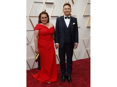 Kenneth Branagh and Lindsay Brunnock pose on the red carpet during the Oscars arrivals at the 94th Academy Awards in Hollywood, Los Angeles, Calif., March 27, 2022.