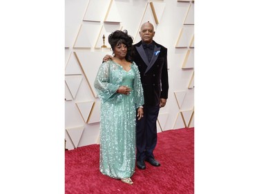 Samuel L. Jackson and wife LaTanya Richardson Jackson pose on the red carpet during the Oscars arrivals at the 94th Academy Awards in Hollywood, Los Angeles, Calif., March 27, 2022.