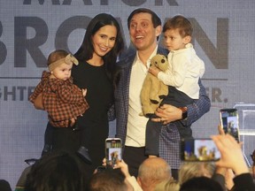 Brampton Mayor Patrick Brown is pictured with his wife,  Genevieve, and his children, Theodore and Savannah, on March 13, 2022. Brown announced he is running to become  leader of the Conservative Party of Canada.