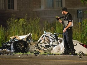 A car is destroyed after a crash on Yonge St. in Richmond Hill on Aug. 18, 2019.