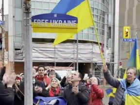 Mayor John Tory announced the creation of Free Ukraine Square in front of the Russian Consulate on March 20, 2022.