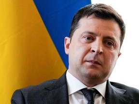 Ukrainian President Volodymyr Zelenskyy attends a meeting with British Prime Minister Boris Johnson during the Munich Security Conference in Munich, Germany, February 19, 2022.