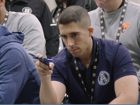 Vince Magri, the Swiss army knife of the Argos’ front office, does some scouting work at a recent combine. Magri, 33, is now the new assistant GM of the Boatmen.