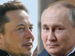 Elon Musk, left, Vladimir Putin.