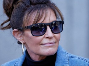 Sarah Palin, 2008 Republican vice presidential candidate and former Alaska governor, exits the court during her defamation lawsuit against the New York Times, at the United States Courthouse in the Manhattan borough of New York City, U.S., February 15, 2022.
