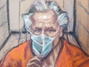 Canadian fashion designer Peter Nygard appears via video feed during his bail hearing in connection with multiple sexual assault charges in a courtroom in Toronto, Ontario, Canada, in this courtroom sketch January 6, 2022. REUTERS/Jane Rosenberg