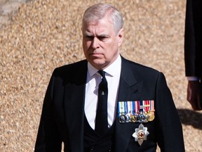 Prince Andrew, the Duke of York, is seen during the funeral of Prince Philip in 2021.