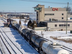 CN trains are seen at the MacMillan Yard in Vaughan, north of Toronto, Feb. 14, 2020.
