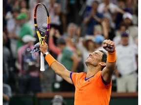 Mar 19, 2022; Indian Wells, CA, USA;  Rafael Nadal (ESP) celebrates after defeating Carlos Alcaraz (ESP) in their semifinal match in the BNP Paribas Open at the Indian Wells Tennis Garden.