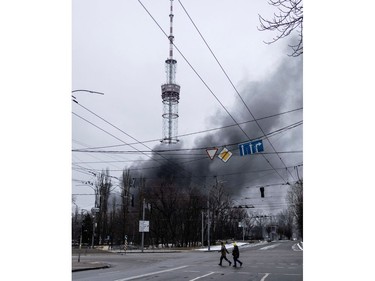 Smoke billows from the TV tower, amid Russia's invasion of Ukraine, in Kyiv, Ukraine March 1, 2022.