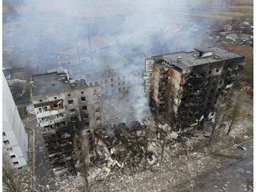 An aerial view shows a residential building destroyed by shelling, as Russia's invasion of Ukraine continues, in the settlement of Borodyanka in the Kyiv region, Ukraine, March 3, 2022.