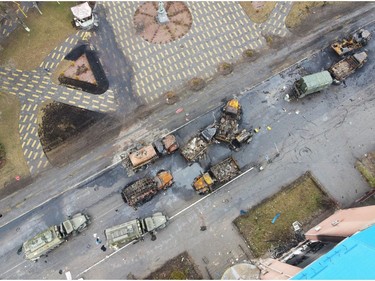 Destroyed Russian military vehicles are seen on a street in the settlement of Borodyanka, as Russia's invasion of Ukraine continues, in the Kyiv region, Ukraine March 3, 2022.
