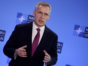 NATO Secretary General Jens Stoltenberg speaks to the media along side the US Secretary of State, prior to the start of a NATO foreign ministers' meeting following Russia's invasion of Ukraine, at the Alliance's headquarters in Brussels, Belgium, March 4, 2022.