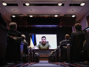 Ukrainian President Volodymyr Zelenskyy delivers a virtual address to Congress at the U.S. Capitol on March 16, 2022 in Washington, DC.