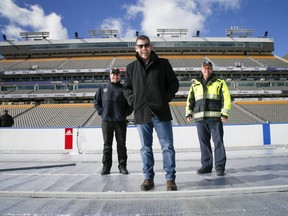 Kris King Senior Vice President of Hockey Operations for the NHL with  Derek King(L) and Mike Craig at Tim Horton's Field in Hamilton on Tuesday March 8, 2022. Veronica Henri/Toronto Sun/Postmedia Network