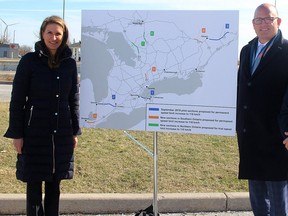 Minister of Transportation Caroline Mulroney (left) was joined by Windsor Mayor Drew Dilkens (middle) and Chatham-Kent councillor Aaron Hall on March 29 as she announced the speed limit is rising to 110 km/h on a 40-kilometre section of Highway 401 between Tilbury and Windsor beginning April 22. The speed limit is also increasing from 100 km/h on five other sections a major highways in Ontario.