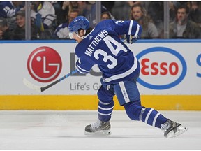 TORONTO, ON - APRIL 9:  Auston Matthews #34 of the Toronto Maple Leafs drives a shot against the Montreal Canadiens during an NHL game at Scotiabank Arena on April 9, 2022 in Toronto, Ontario, Canada.