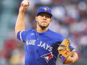 Jose Berrios of the Toronto Blue Jays pitches in the first inning of a game against the Boston Red Sox at Fenway Park on April 20, 2022 in Boston, Massachusetts.