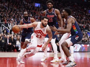 Fred VanVleet #23 of the Toronto Raptors dribbles around Shake Milton #18 of the Philadelphia 76ers in the first half of Game Three of the Eastern Conference First Round at Scotiabank Arena on April 20, 2022 in Toronto, Canada.