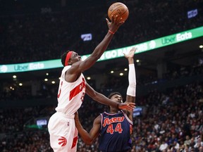 Pascal Siakam #43 of the Toronto Raptors puts up a shot over Paul Reed #44 of the Philadelphia 76ers in the first half of Game Four of the Eastern Conference First Round at Scotiabank Arena on April 23, 2022 in Toronto, Canada.