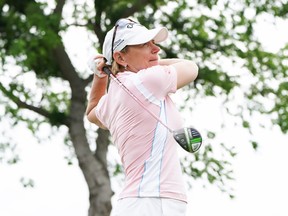 Former Pro Golfer Annika Sorenstam plays her shot from the 15th hole tee during round two of the ClubCorp Classic at Las Colinas Country Club on April 23, 2022 in Irving, Texas.