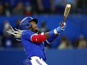 Raimel Tapia of the Toronto Blue Jays bats in the tenth inning during a MLB game against the Boston Red Sox at Rogers Centre on April 26, 2022 in Toronto, Ontario, Canada.