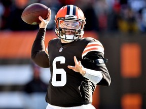 Baker Mayfield #6 of the Cleveland Browns throws a pass against the Baltimore Ravens in the first quarter at FirstEnergy Stadium on December 12, 2021 in Cleveland, Ohio.