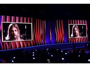 LAS VEGAS, NEVADA - APRIL 03: Drummer Taylor Hawkins is remembered with a tribute during the 64th Annual GRAMMY Awards at MGM Grand Garden Arena on April 03, 2022 in Las Vegas, Nevada.