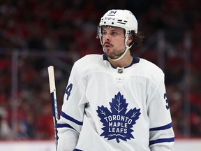 Auston Matthews of the Toronto Maple Leafs looks on against the Washington Capitals during the first period at Capital One Arena on April 24, 2022 in Washington, DC.