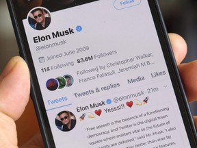 Das Twitter-Profil von Elon Musk mit mehr als 80 Millionen Followern wird am 25. April 2022 in Chicago auf einem Mobiltelefon gezeigt.