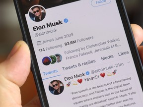 The Twitter profile of Elon Musk with more than 80 million followers in shown on a cellphone on April 25, 2022 in Chicago.