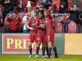 Toronto FC forward Jesus Jimenez (right) celebrates after scoring against the Philadelphia Union at BMO Field.