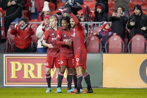 Toronto FC forward Jesus Jimenez (right) celebrates after scoring against the Philadelphia Union at BMO Field.