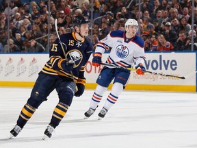 Connor McDavid of the Edmonton Oilers skates against Jack Eichel of the Buffalo Sabres at First Niagara Center on March 1, 2016 in Buffalo, New York.