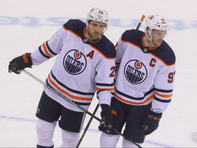 Edmonton Oilers’ Leon Draisaitl (29) and Connor McDavid are in contention to win the Hart Trophy.