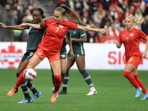 Canadian midfielder Julia Grosso (7) battles for the ball against Women's Nigeria National Ifeoma Chukwufunmnaya Onumonu (8)  during the second half at BC Place on April 8, 2022.