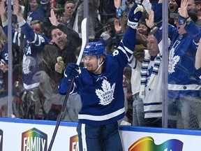 Maple Leafs forward William Nylander celebrates a goal against the Washington Capitals in the second period at Scotiabank Arena on Wednesday night.