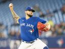 Toronto Blue Jays starting pitcher Alec Manoa throws during the first half against the Boston Red Sox at Rogers Center in Toronto, April 28, 2022.