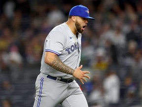 Blue Jays starting pitcher Alek Manoah celebrates after the last out of the sixth inning against the Yankees at Yankee Stadium on Monday, April 11, 2022 in New York City.