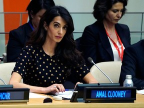 Amal Clooney of the Clooney Foundation for Justice attends a United Nations meeting on April 27, 2022, in New York to discuss how the UN can support and coordinate accountability efforts for serious crimes in Ukraine.