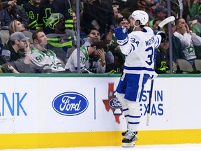 Toronto Maple Leafs centre Auston Matthews celebrates scoring the game-winning goal against the Dallas Stars at the American Airlines Center.