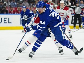 Maple Leafs forward Auston Matthews (34) scores his second goal of the first period against the Canadiens on this shot at Scotiabank Arena in Toronto, Saturday, April 9, 2022.