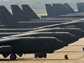 US Air Force B-52H long range strategic bombers, part of the US Eight Air Force, 2nd Bomb Wing fleet sit on the tarmac in September 2007 from Barksdale Air Force Base in Louisiana.