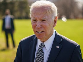 U.S. President Joe Biden speaks to reporters upon arrival at Fort McNair in Washington, D.C. on April 4, 2022.