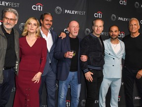 From left to right: Creator Peter Gould, actors Rhea Seehorn, Tony Dalton, Jonathan Banks, Bob Odenkirk, Michael Mando and Patrick Fabian attend the 39th Annual PaleyFest screening of "Better Call Saul" at the Dolby Theatre in Hollywood, Calif., on April 9, 2022.