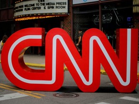 The CNN logo stands outside the venue of the second Democratic 2020 U.S. presidential candidates debate, in the Fox Theater in Detroit, July 30, 2019.