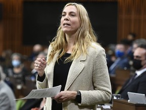 Minister of Sport Pascale St-Onge rises during Question Period in the House of Commons on Parliament Hill in Ottawa on Thursday, Feb. 10, 2022.