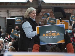 Ontario NDP Leader Andrea Horwath makes an announcement during a rally in Toronto, on Sunday, April 3, 2022.